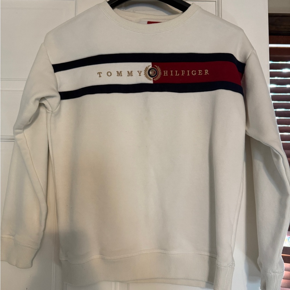 Tommy Hilfiger Men's White and Navy Crewneck Sweater